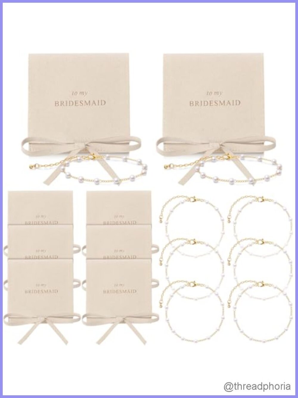 Bridesmaid Pearl Bracelets Set of 8 with Pouches Gold Plated Zinc Alloy 7.9